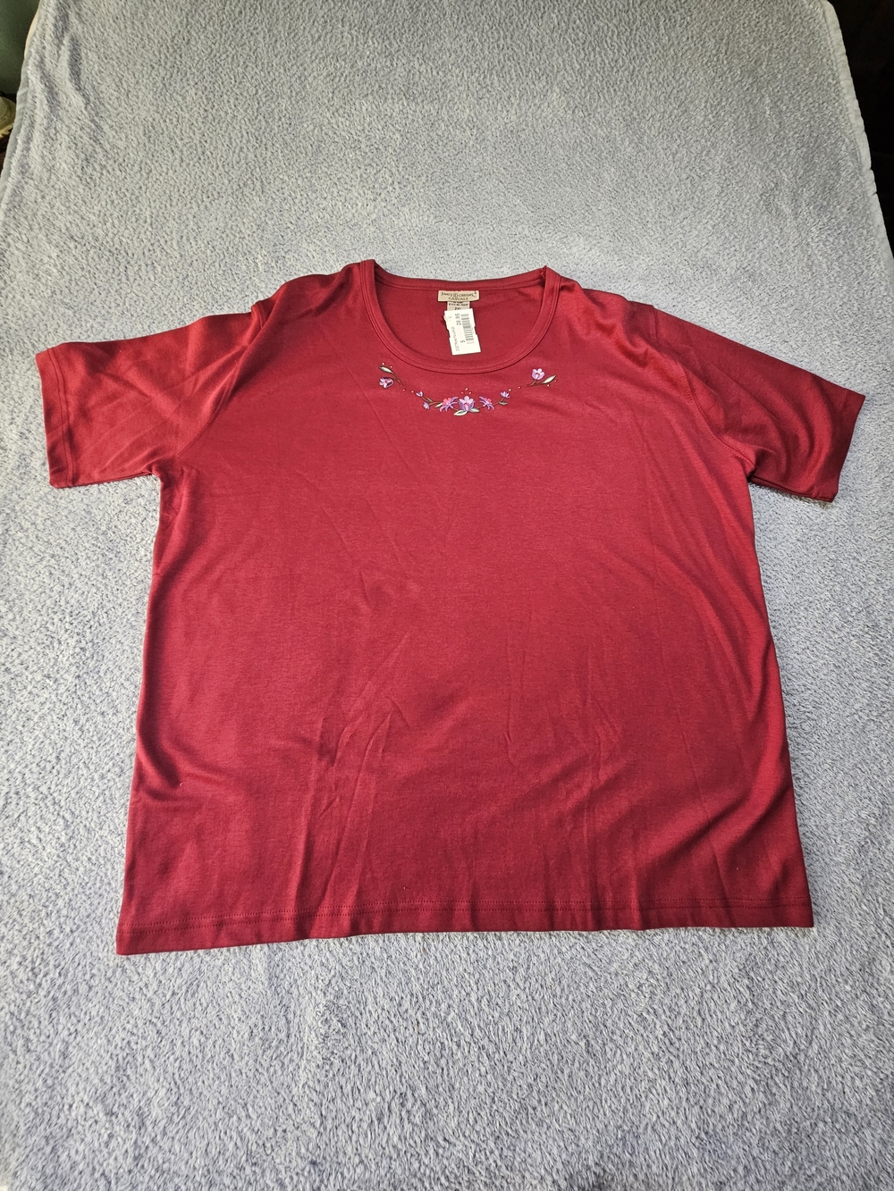 Women’s Cherry Red Short-Sleeve Tee with Subtle Neck Embroidery